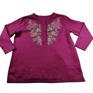 Only Necessities Womens L Magenta Purple Floral Henley Fleece Sweatshirt